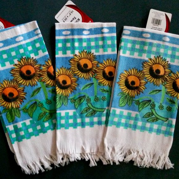 Sunflower Tea Towels, set of 3, blue check fringed - Picture 1 of 3